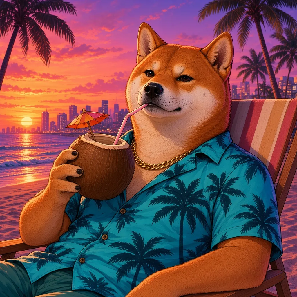 Vice Inu lounging in a beach chair sipping from a coconut as the sun melts into the ocean.
