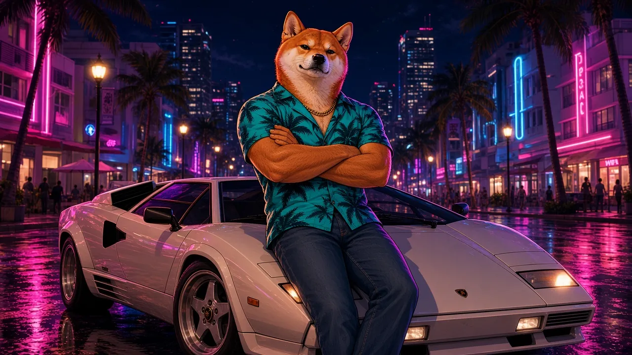 Vice Inu leaning on a white wedge-shaped supercar under pink neon at night.