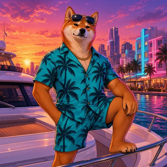 Vice Inu in sunglasses on the bow of a yacht.