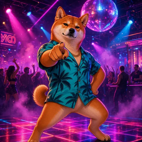 Vice Inu pointing at the camera in a neon nightclub under a disco ball.