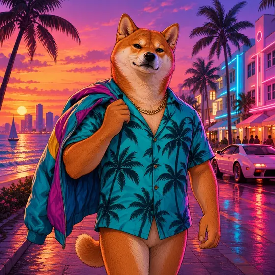 Vice Inu walking a sunset street with a jacket over his shoulder.