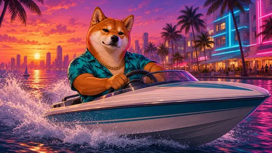 Vice Inu driving a speedboat across the bay at sunset.
